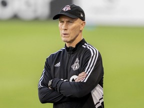 Aug 17, 2022; Toronto, Ontario, CAN; Toronto FC head coach Bob Bradley looks on from the bench against the New England Revolution at BMO Field.