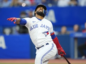 Teoscar Hernandez of the Toronto Blue Jays grimaces during an at-bat against the Los Angeles Angels in the first inning during their MLB game at the Rogers Centre on Aug. 26, 2022 in Toronto.