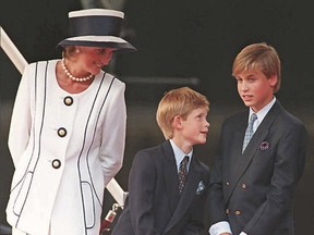 Princess Diana (left), Prince Harry, (centre), and Prince William gather for the commemorations of VJ Day, Aug. 19, 1995, in London.
