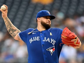 Alek Manoah of the Toronto Blue Jays pitches during the first inning against the Pittsburgh Pirates.