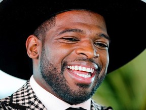 P.K. Subban wears a cowboy hat while doing media interviews before his fundraising dinner for his charitable foundation in Montreal on Aug. 30, 2018.