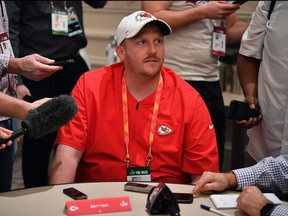 Britt Reid, linebackers coach for the Kansas City Chiefs, speaks to the media during the Chiefs media availability prior to Super Bowl LIV at the JW Marriott Turnberry on Jan. 29, 2020 in Aventura, Fla.
