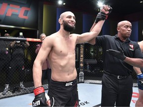 In this handout image provided by UFC, Khamzat Chimaev of Chechnya celebrates after his knockout victory over Gerald Meerschaert in their middleweight bout during the UFC Fight Night event at UFC APEX on September 19, 2020 in Las Vegas, Nevada.