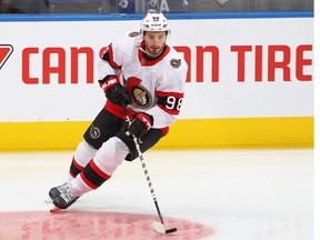 Victor Mete of the Ottawa Senators warms up prior to playing against the Toronto Maple Leafs in an NHL game at Scotiabank Arena on October 16, 2021 in Toronto, Ontario, Canada.