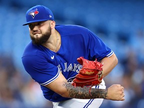 Alek Manoah of the Toronto Blue Jays delivers a pitch in the first inning during game two of a doubleheader against the Tampa Bay Rays at Rogers Centre on September 13, 2022 in Toronto.