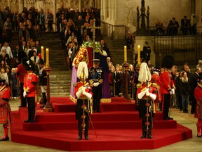 King Charles lll, Princess Anne, Princess Royal, Prince Andrew, Duke of York and Prince Edward, Earl of Wessex attend a vigil, following the death of Queen Elizabeth ll, inside Westminster Hall on Sept. 16, 2022 in London.