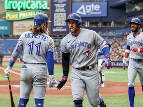 Bo Bichette of the Toronto Blue Jays congratulates George Springer on his third-inning home run that also scored Raimel Tapia (right) against the Tampa Bay Rays at Tropicana Field on September 25, 2022 in St. Petersburg, Florida.
