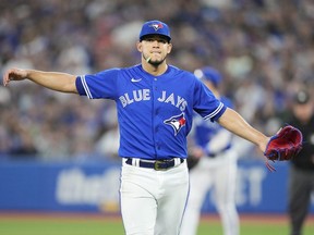 Jose Berrios of the Toronto Blue Jays reacts against the against the New York Yankees in the fifth inning during their MLB game at the Rogers Centre on September 27, 2022 in Toronto, Ontario, Canada.