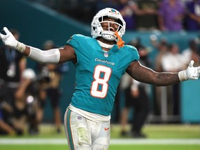 Jevon Holland of the Miami Dolphins celebrates after a game ending interception against the Baltimore Ravens at Hard Rock Stadium on November 11, 2021 in Miami Gardens, Florida.