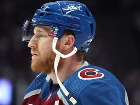 Nathan MacKinnon of the Colorado Avalanche looks on prior to Game Two against the Tampa Bay Lightning in the 2022 NHL Stanley Cup Final at Ball Arena on June 18, 2022 in Denver, Colorado.