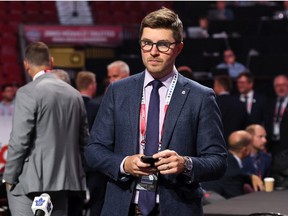 General manager Kyle Dubas of the Toronto Maple Leafs looks on from the draft floor prior to Round Two of the 2022 Upper Deck NHL Draft at Bell Centre on July 08, 2022 in Montreal, Quebec, Canada.