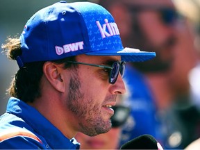 Fernando Alonso of Spain and Alpine F1 talks to the media in the Paddock during previews ahead of the F1 Grand Prix of The Netherlands at Circuit Zandvoort on September 01, 2022 in Zandvoort, Netherlands.