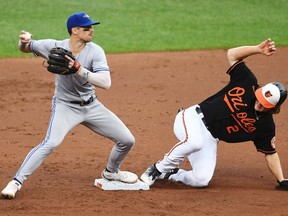 Toronto Blue Jays' Cavan Biggio, left, turns a double play over Baltimore Orioles' Gunnar Henderson in the first inning of Game 2 of a doubleheader Monday at Oriole Park at Camden Yards in Baltimore. The Blue Jays won 7-3 in Game 1 and Bo Bichette hit three homers in Game 2 for an 8-4 win to complete the sweep. The Blue Jays moved 4.5 games ahead of the Orioles for the final wild-card spot in the American League.