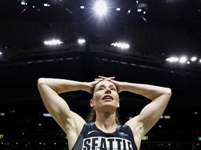 Sue Bird of the Seattle Storm reacts after losing to the Las Vegas Aces 97-92 in her final game of her career during Game Four of the 2022 WNBA Playoffs semifinals at Climate Pledge Arena on September 06, 2022 in Seattle, Washington.