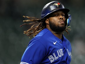 Vladimir Guerrero Jr. #27 of the Toronto Blue Jays looks on after being forced out at first base against the Baltimore Orioles during the third inning at Oriole Park at Camden Yards on September 07, 2022 in Baltimore, Maryland.