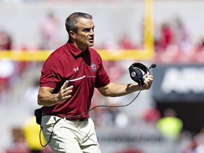 Head Coach Shane Beamer of the South Carolina Gamecocks argues a penalty during the first half of a game against the Arkansas Razorbacks at Donald W. Reynolds Razorback Stadium on September 10, 2022 in Fayetteville, Arkansas.