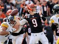 Joe Burrow #9 of the Cincinnati Bengals throws the ball against the Pittsburgh Steelers at Paul Brown Stadium on September 11, 2022 in Cincinnati, Ohio.