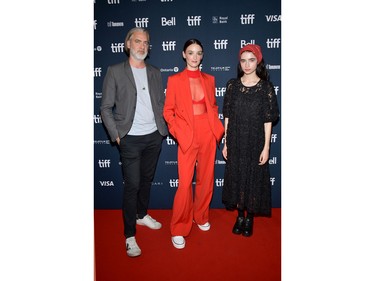 Left to right: Sylvain Corbeil, Charlotte Le Bon and Charlotte Le Bon and Sara Montpetit attend the "Falcon Lake" Premiere during the 2022 Toronto International Film Festival at Scotiabank Theatre on Sept. 13, 2022 in Toronto.