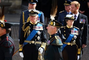 King Charles, Anne, Princess Royal, William, Prince of Wales, and Prince Harry, Duke of Sussex, attend the state funeral and burial of Queen Elizabeth, in London, Britain, September 19, 2022. REUTERS/Hannah McKay/Pool