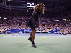 Serena Williams of the United States prepares to serve against Anett Kontaveit of Estonia in their Women's Singles Second Round match on Day Three of the 2022 US Open at USTA Billie Jean King National Tennis Center on August 31, 2022 in the Flushing neighborhood of the Queens borough of New York City.
