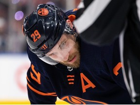 Edmonton Oilers’ Leon Draisaitl lines up for a face off with the Colorado Avalanche during first period of Game 4 of the NHL Western Conference Final action at Rogers Place in Edmonton, on Monday, June 6, 2022.