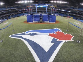 The Toronto Blue Jays logo painted on the field during batting practice before the Toronto Blue Jays home opener prior to the start of their MLB game against the New York Yankees on April 4, 2014 at Rogers Centre in Toronto, Ontario, Canada.