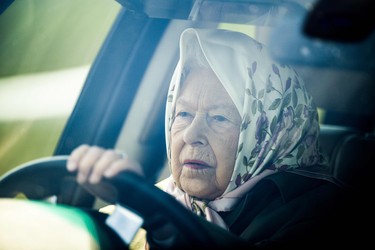 Britain's Queen Elizabeth II drives her Range Rover car as she arrives to attend the annual Royal Windsor Horse Show in Windsor, west of London, on May 10, 2019. - The horse show is the largest outdoor equestrian show in the UK, started originally in 1943 to help raise funds for the war effort, and has continued to run every year since, and is the only show in the UK to host international competitions in Showjumping, Dressage, Driving and Endurance. (DANIEL LEAL-OLIVAS/AFP/Getty Images