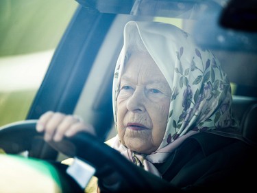 TOPSHOT - Britain's Queen Elizabeth II drives her Range Rover car as she arrives to attend the annual Royal Windsor Horse Show in Windsor, west of London, on May 10, 2019. - The horse show is the largest outdoor equestrian show in the UK, started originally in 1943 to help raise funds for the war effort, and has continued to run every year since, and is the only show in the UK to host international competitions in Showjumping, Dressage, Driving and Endurance. (Photo by Daniel LEAL-OLIVAS / AFP)DANIEL LEAL-OLIVAS/AFP/Getty Images