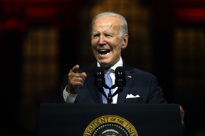 US President Joe Biden speaks about the soul of the nation, outside of Independence National Historical Park in Philadelphia, Pennsylvania, on September 1, 2022. (Photo by Jim WATSON / AFP) (Photo by JIM WATSON/AFP via Getty Images)