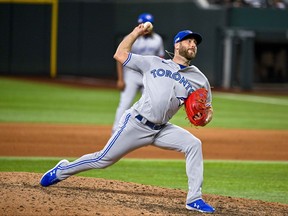 Toronto Blue Jays relief pitcher Anthony Bass pitches against the Texas Rangers during the eighth inning at Globe Life Field. Mandatory