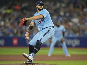 Toronto Blue Jays starting pitcher Alek Manoah pitches to the Baltimore Orioles during the  first inning at Rogers Centre on Sept. 18, 2022.