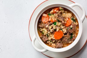 Homemade beef and barley soup.