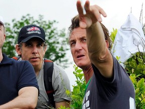 Actors Ben Stiller and Sean Penn visit a camp for internally displaced persons managed by actor Penn and his Jenkins-Penn Humanitarian Relief Organization on April 12, 2010 in Port-Au Prince, Haiti.