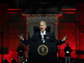 TOPSHOT - US President Joe Biden speaks about the soul of the nation, outside of Independence National Historical Park in Philadelphia, Pennsylvania, on September 1, 2022. (Photo by Jim WATSON / AFP) (Photo by JIM WATSON/AFP via Getty Images)