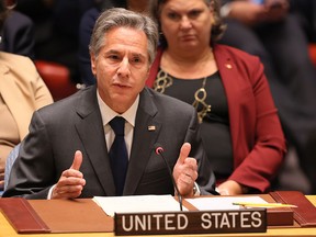 Secretary of State Antony J. Blinken speaks during the United Nations Security Council meeting at the United Nations Headquarters to discuss the conflict in Ukraine on September 22, 2022 in New York.