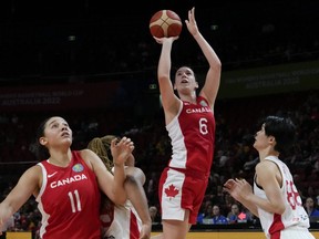 Canada's Bridget Carleton takes a shot during their game at the women's Basketball World Cup against Japan in Sydney, Australia, Sunday, Sept. 25, 2022.