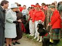 La reine Elizabeth II voit des chiens terre-neuviens avec le premier ministre de Terre-Neuve Brian Tobin à Bonavista, Terre-Neuve, le 24 juin 1997. 