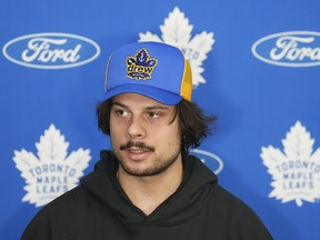 Toronto Maple Leafs forward Auston Matthews speaks to the media after being eliminated in the first round of the NHL Stanley Cup playoffs during a press conference in Toronto on Tuesday, May 17, 2022.