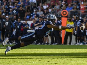 Toronto Argonauts wide receiver Cam Phillips (89) dives for the ball during fourth quarter CFL action against the Ottawa Redblacks, in Toronto on Sunday July, 31, 2022.