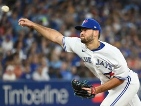 Toronto Blue Jays relief pitcher Zach Pop throws to a Cleveland Guardians batter in fifth inning American League baseball action in Toronto on Friday, August 12, 2022.