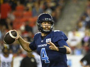 Toronto Argonauts quarterback McLeod Bethel-Thompson throws the ball first half CFL football action against the Hamilton Tiger-Cats in Toronto on Friday, August 26, 2022.