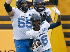 Toronto Argonauts wide receiver Brandon Banks (16) waves at the Hamilton fans after making his second touchdown of the game during second half CFL football game action against the Hamilton Tiger Cats in Hamilton, Ont. on Monday, September 5, 2022.