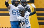 Toronto Argonauts wide receiver Brandon Banks (16) waves at the Hamilton fans after making his second touchdown of the game during second half CFL football game action against the Hamilton Tiger Cats in Hamilton, Ont. on Monday, September 5, 2022. 