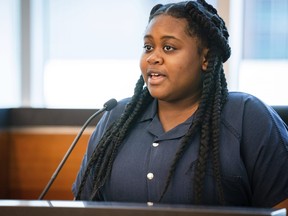 Pieper Lewis gives her allocution during a sentencing hearing, Tuesday, Sept. 13, 2022, in Des Moines, Iowa.