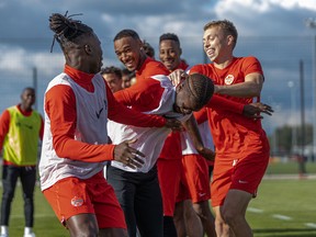 The Canadian men's national soccer team have fun during a practice at the MOL Football Academy in Dunajská Streda, Slovakia. Canada plays Uruguay on Sept. 27, 2022.