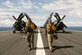 Jonathan Majors and Glen Powell in a scene from Devotion.