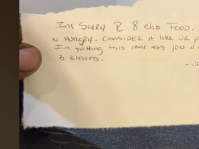 TikTok user @thesuedeshow — a k a Funny Mane Suede — posted a video showing a WingStop delivery that had been eaten, along with a note from the driver admitting to consuming the chicken wings.