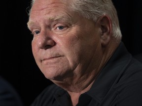 Ontario Premier Doug Ford attends a press conference following a meeting with the Maritime premiers in Moncton, N.B. on Monday, August 22, 2022.