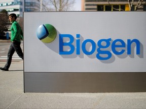 A sign marks a Biogen facility in Cambridge, Mass., on March 9, 2020.