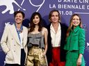 Director Olivia Wilde poses with cast members Harry Styles, Chris Pine, and Gemma Chan for the premiere of her film, 